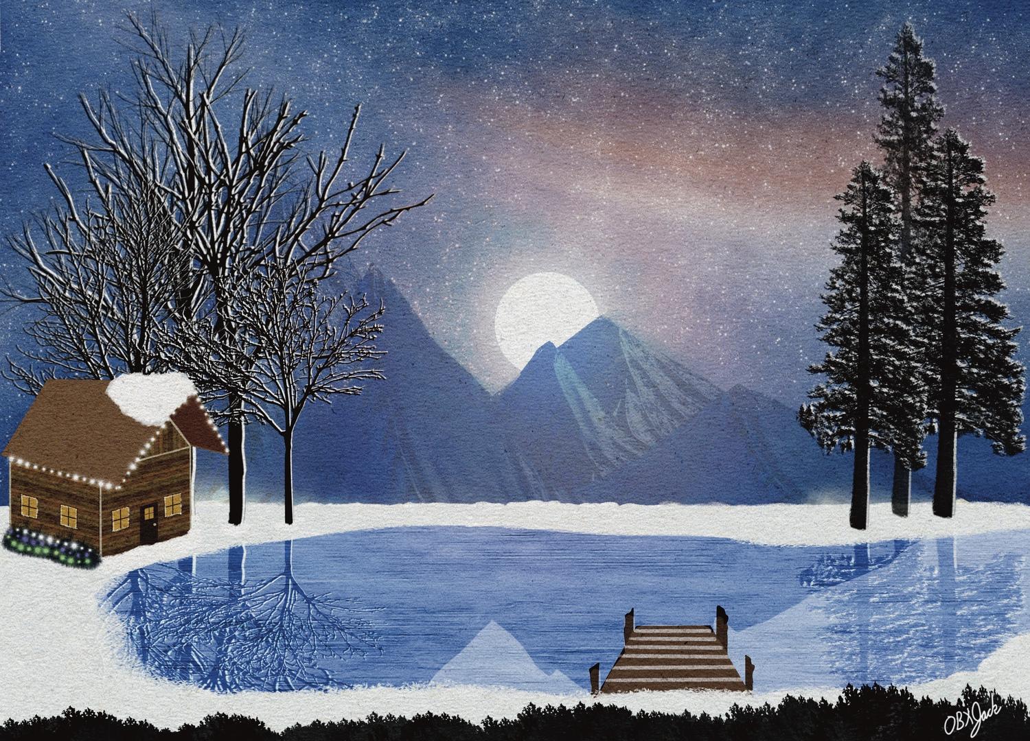 A wintry scene showing a rustic cabin beside a frozen lake with mountains in the distance. Christmas lights adorn the rustic cabin.