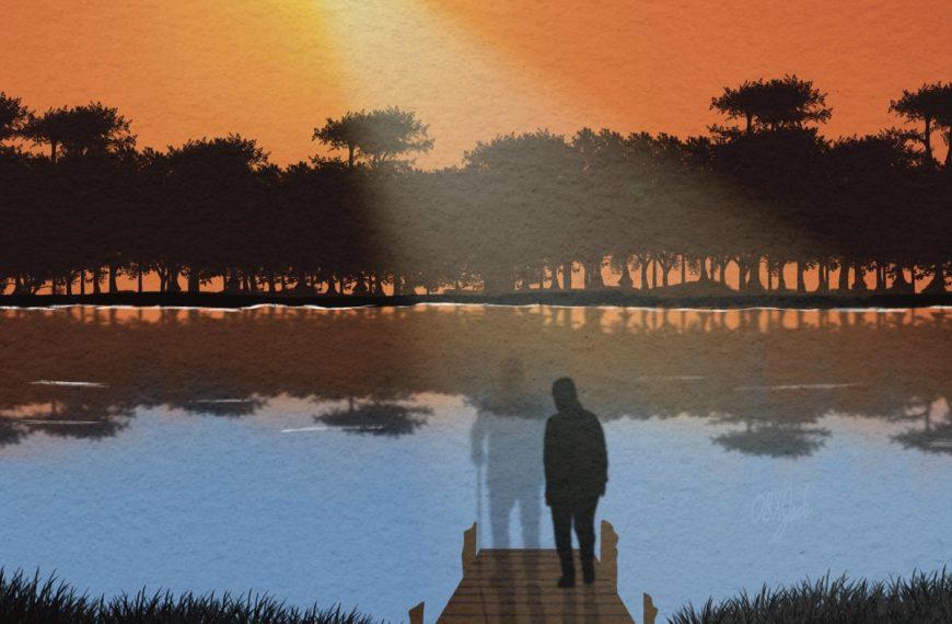 A couple standing on a dock. One of them is faded out. The idea is that the person has left, either by death or some other means.